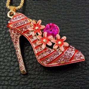Pink and Red Rhinestone Floral Shoe Necklace